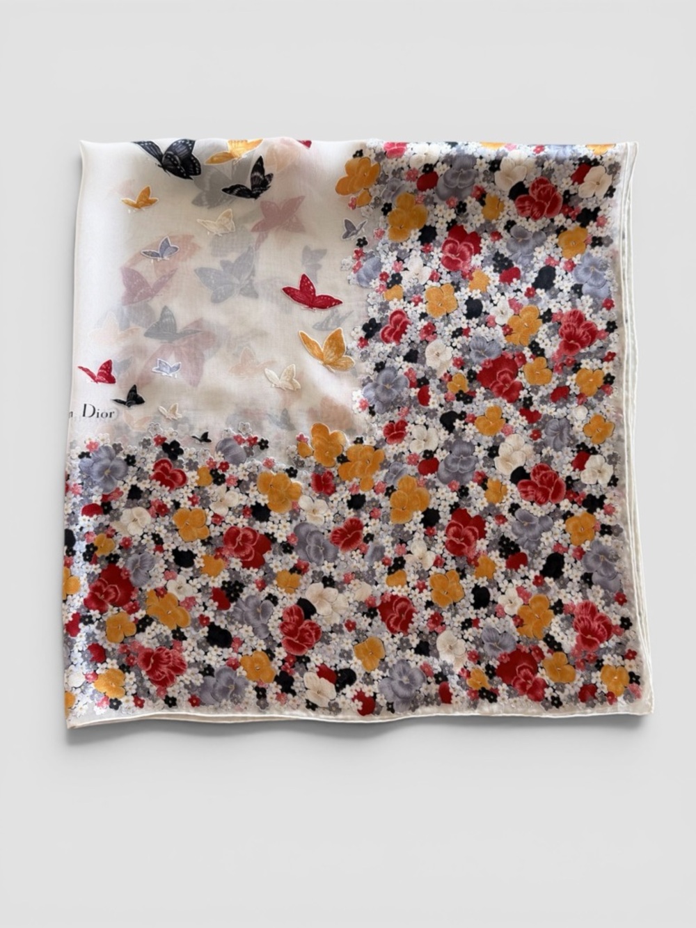 Christian Dior Sheer Silk Floral Scarf w/ Appliqué Border
